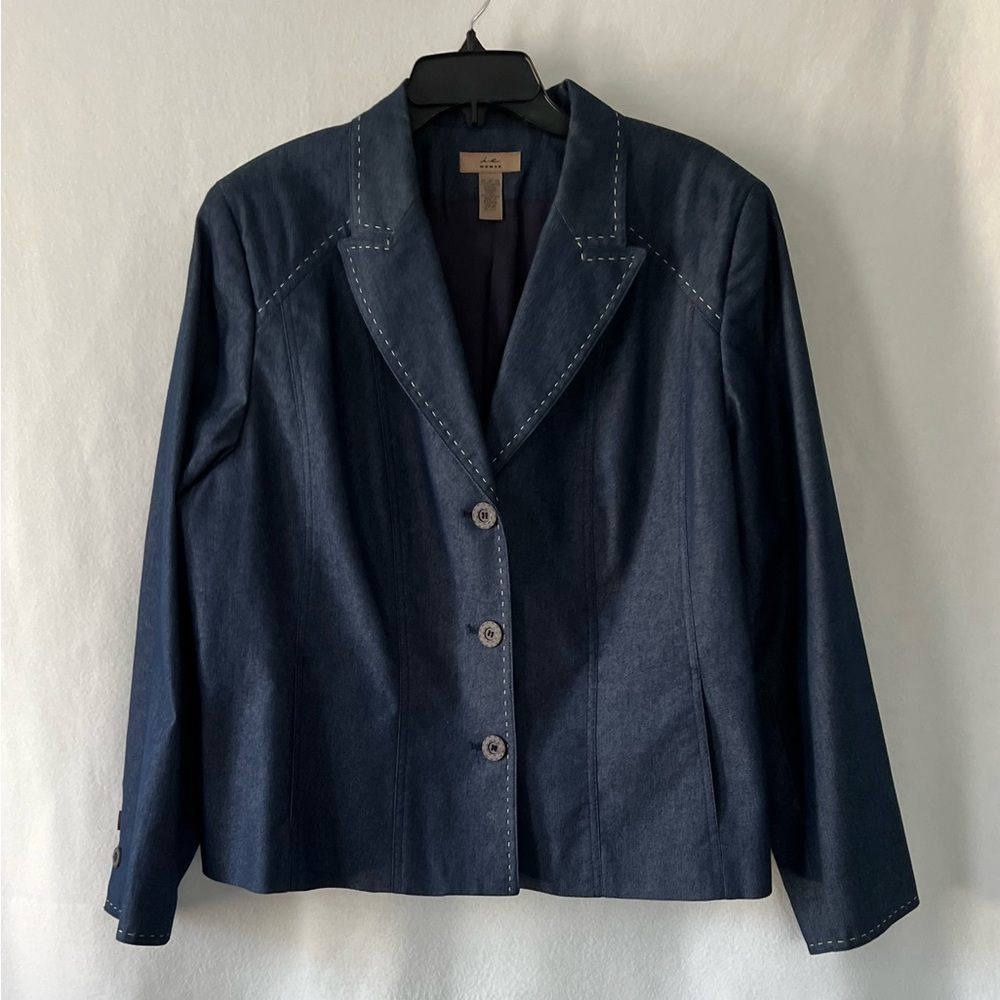 I.e. Woman’s Size 20W Denim Blue Blazer with white whipped Stitching.